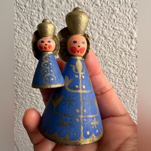 Vintage Thunderbolt Austria Wooden Folk Art Figurines – Hand-Painted Blue & Gold